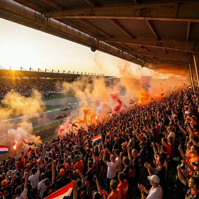 Orange grandstand lit by flares at sunset