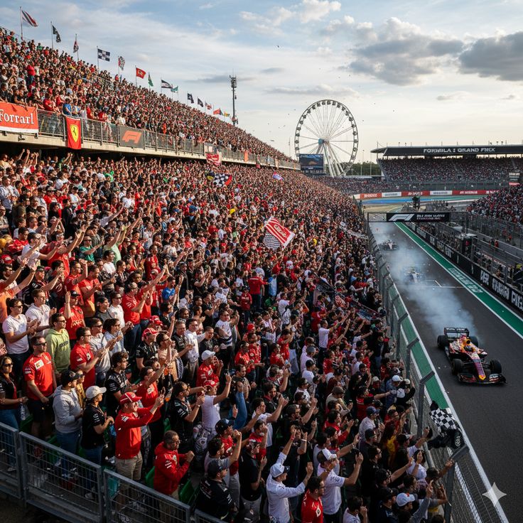 Packed Suzuka grandstand watching the cars go by